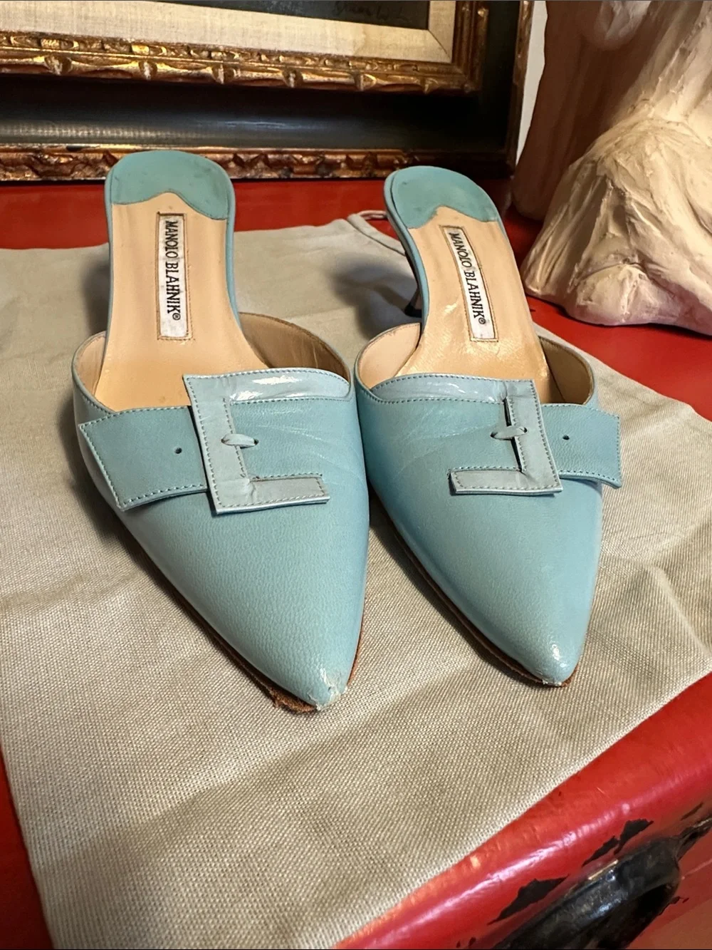 Manolo Blahnik Robin Egg Blue Pointed Leather Mule Slides with Buckle - Picture 2 of 8
